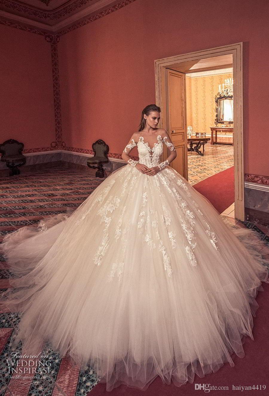 romantic arabic a line wedding dresses lace appliques tulle sheer neck long sleeves chapel train formal bridal gowns