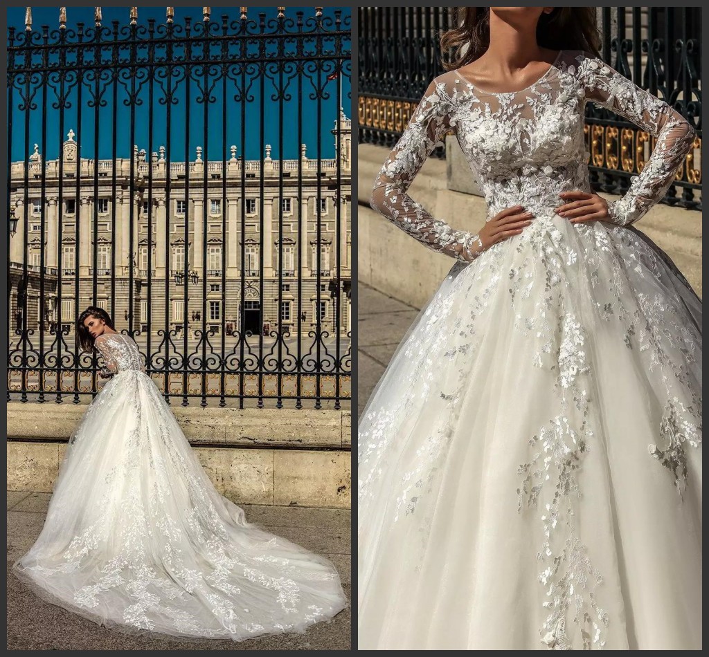 2019 New Long Sleeve Mila Nova Lace Wedding Dresses Scoop Neck Appliques Court Train Bridal Gowns Vestido De Novia Custom Wedding Dress