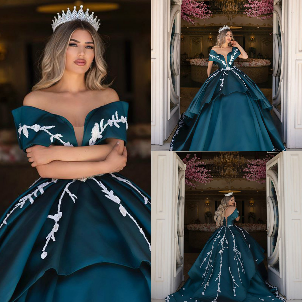 Ball Gown Prom Dresses Off Shoulder Sleeveless Appliques Satin Party Gowns Sweep Train Special Occasion Dresses, Blue
Ball Gown Prom Dresses Off Shoulder Sleeveless Appliques Satin Party Gowns Sweep Train Special Occasion Dresses, Blue