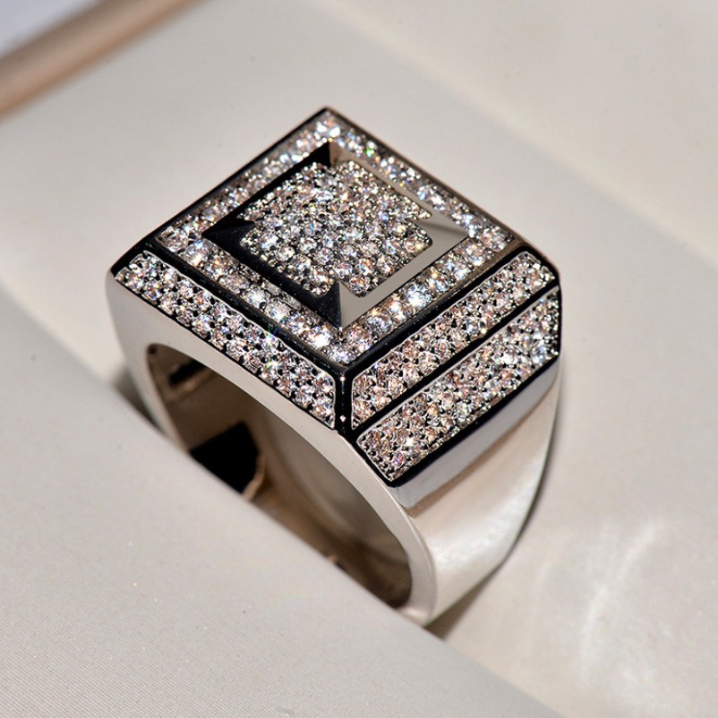 Men's Hip Hop Vintage Sterg Sier Gold-Filled Pave Micro White Clear 5A Cubic Zirconia Wedding Band Ring, 2024 Jewelry Gift 4