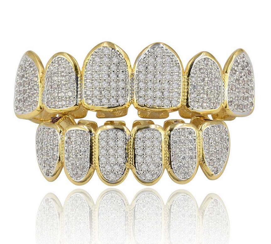 Ice Out Teeth Grillz For Men Bling Bling Cubic Zirconia Hiphop Jewelry 18K Gold Plated Halloween Vampire Grillz Free Ship