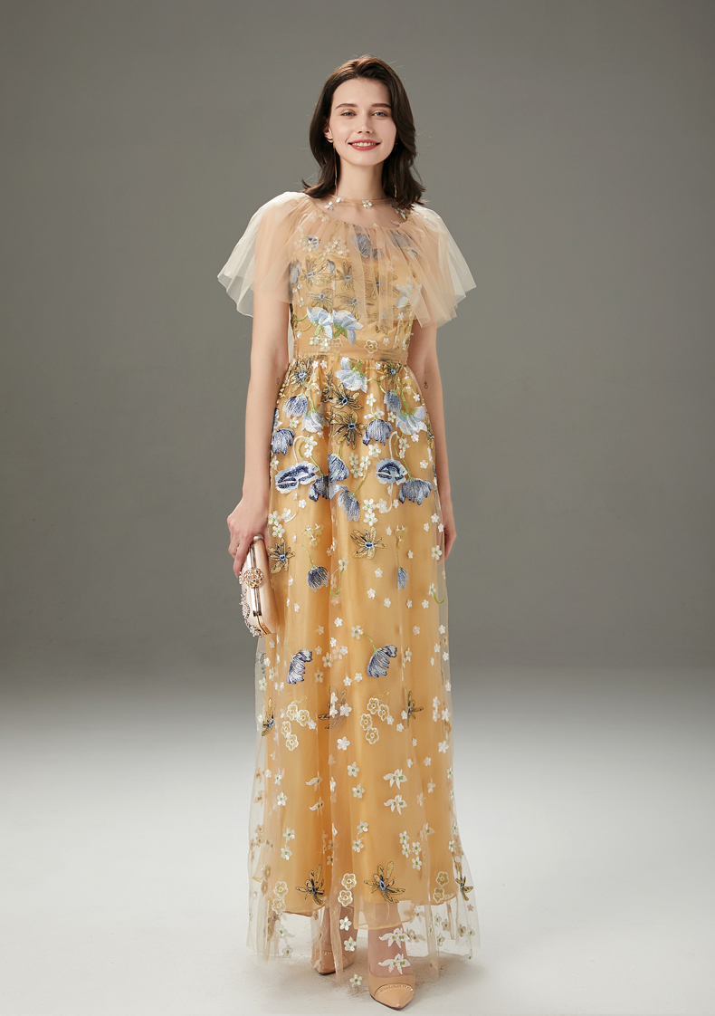 Women's Runway Dresses O Neck Embroidery Layered Ruffles Elegant Long Party Prom Dressess