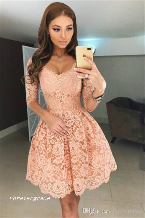 2019 Cheap 3/4 Sleeves Cocktail Dress A Line Lace V Neck Mini Short Club Wear Homecoming Party Dress Plus Size Custom Make