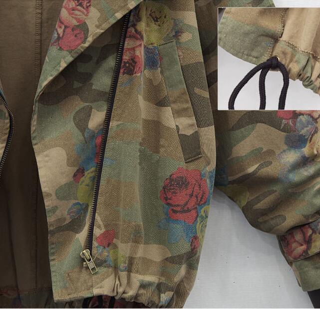 Wholesale-Women Jackets Autumn Winter Army Green Camouflage Jackets Floral Printed Zipper Jeans Coats For Woman Denim Cardigans