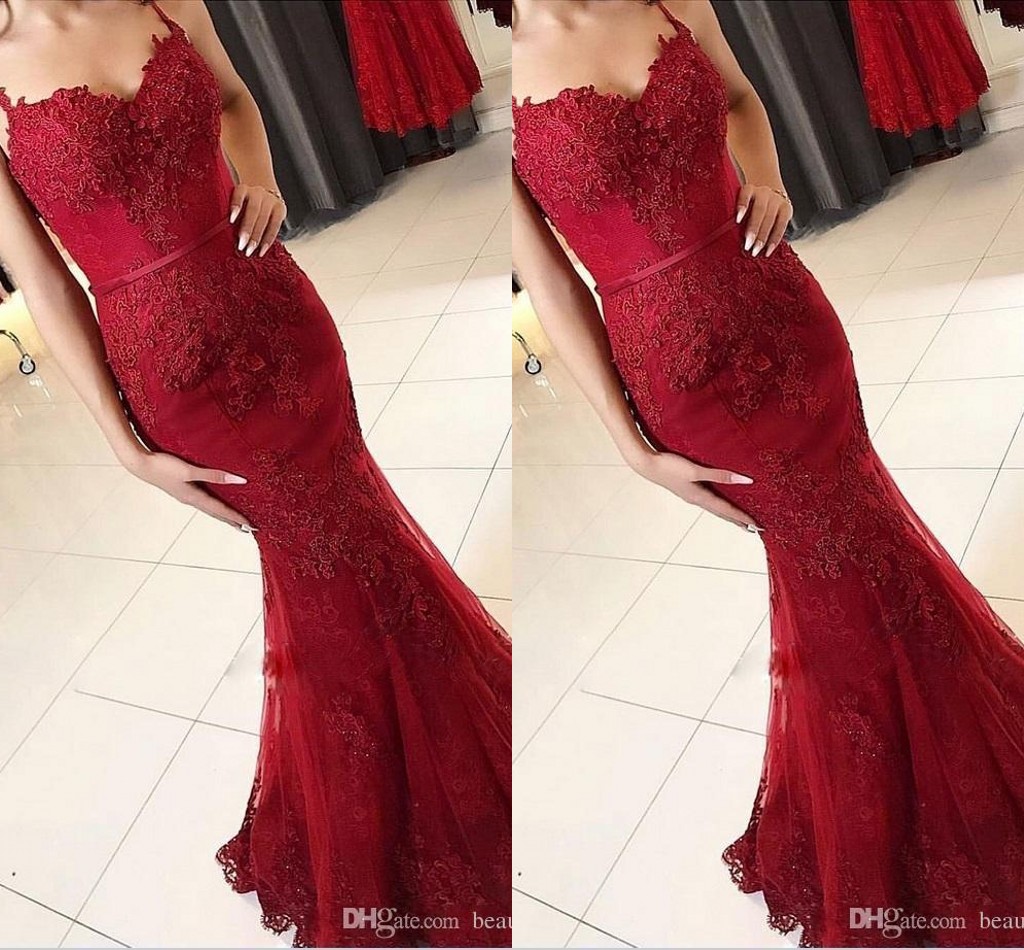 Bury Lace Sexy Mermaid Prom Dresses Long Spaghetti Straps Appliques Beaded Evening Party Gowns Formal Wear Ogstuff Vestidos