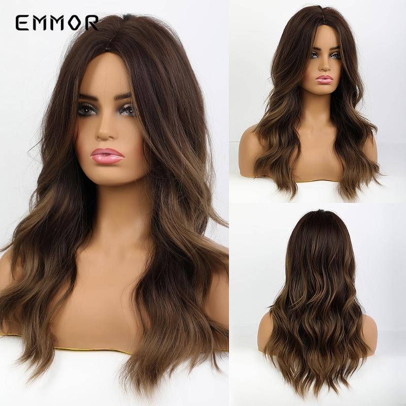 

Emmor Long Dark Brown Ombre Wavy Synthetic Hair Wigs with Bangs High Temperature Layered Fluffy Daily Wig for Women, Lc254-1