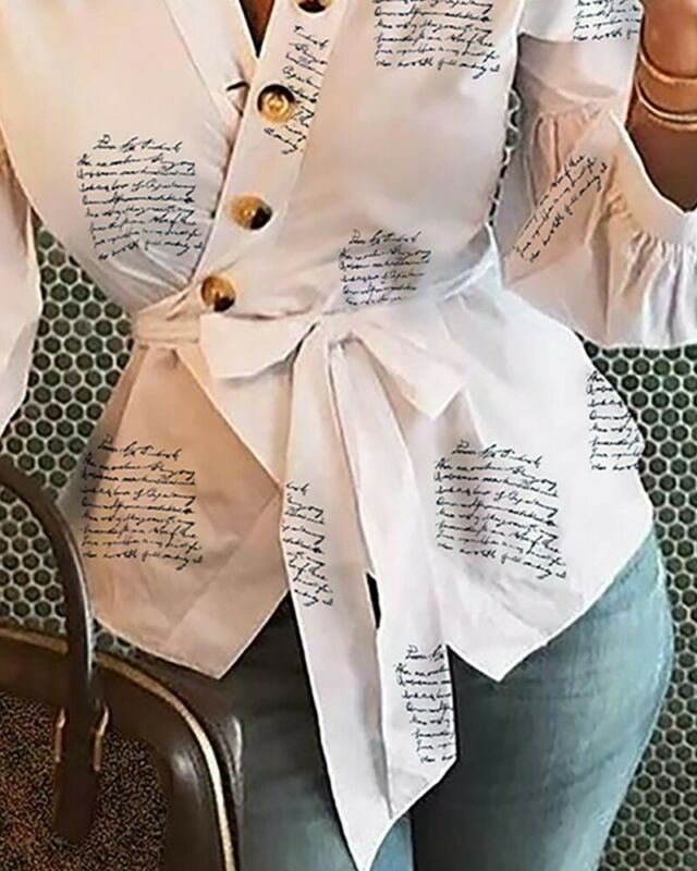 Newly Womens Button V Neck Letter Print Shirt Lace up Ladies Single Breasted Autumn Lantern Sleeve Loose Tops Blouse
