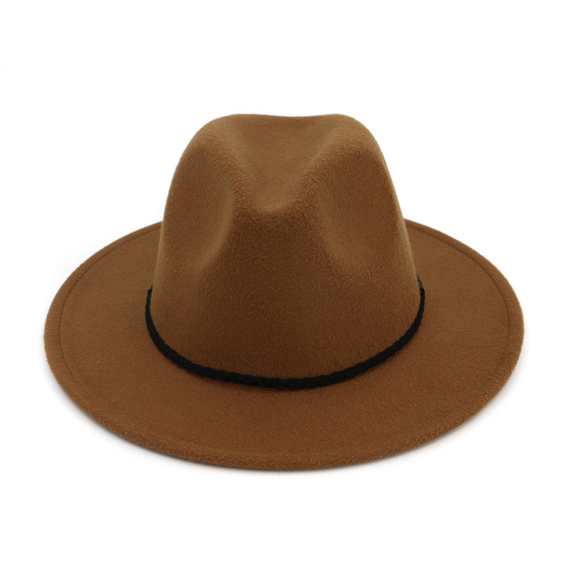 Fashion-Ladies Wool Felt Mens Fedora Trilby Hat Fashion Simply Braided Rope Decorated Panama Flat Brim Jazz Formal Hats