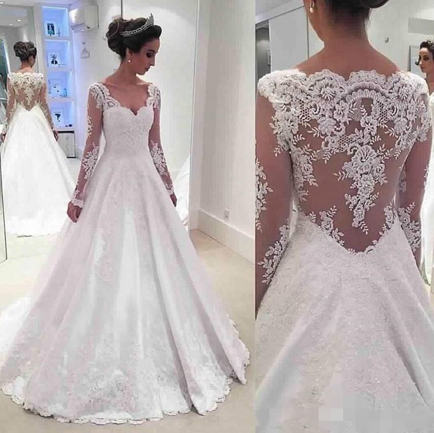 Modest Long Sleeves Dresses Scalloped V Neck Lace Applique Sweep Train Illusion Bodice Satin Wedding Gown Vestido De Novia 403 Estido Estido