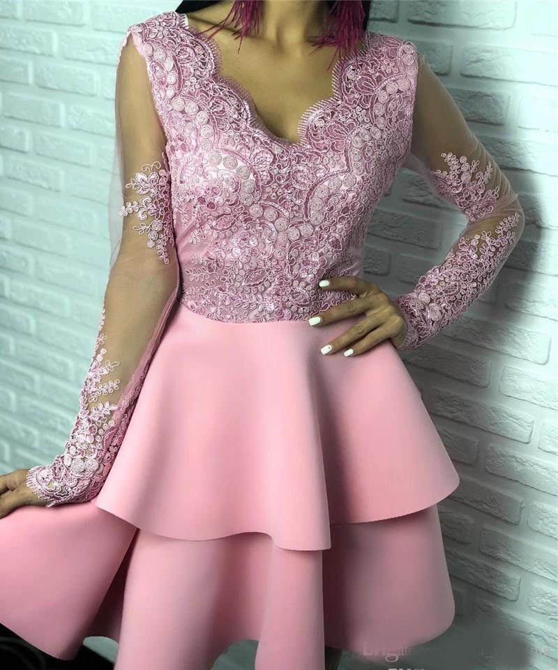 Sexy Pink Cocktail Dress 2020 Arabic Dubai Style Long Sleeves Knee Length Formal Club Wear Homecoming Prom Party Gown Plus Size Custom Made