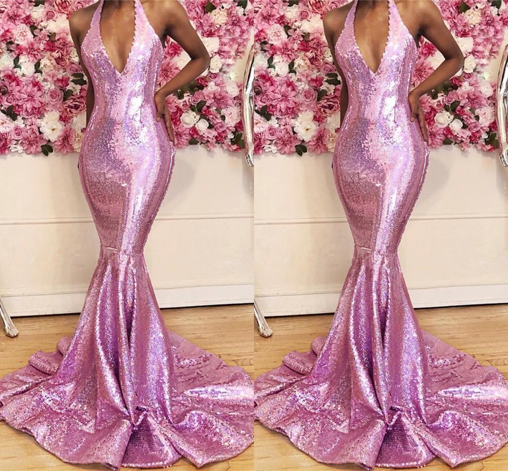 Sequins 2020 Sparkly Prom Dresses Mermaid Sheath Sexy Plunging V Neck Halter Sweep Train Custom Made Evening Gown Formal Ocn Wear