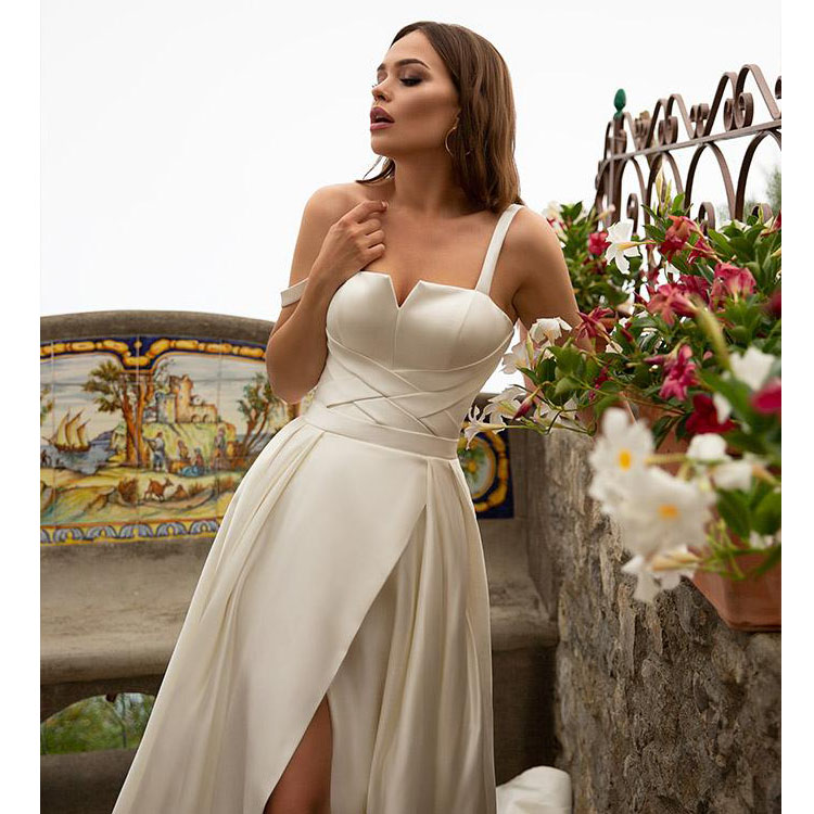 satin a line wedding dresses sexy spaghetti high split boho bridal gowns sweep train beach simple wedding dress robe de marie