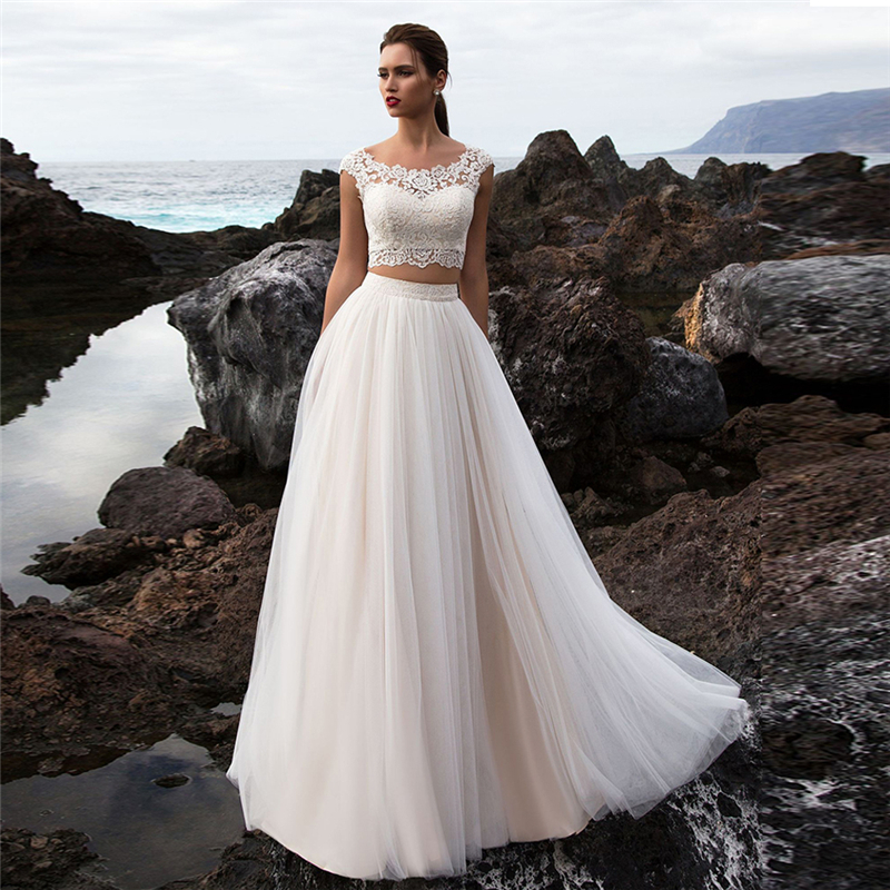 Two pieces Beach Wedding Gowns 2020 Elegant Bridal Dresses Boho Champagne Cap Sleeve illusion vestido de novia Vintage