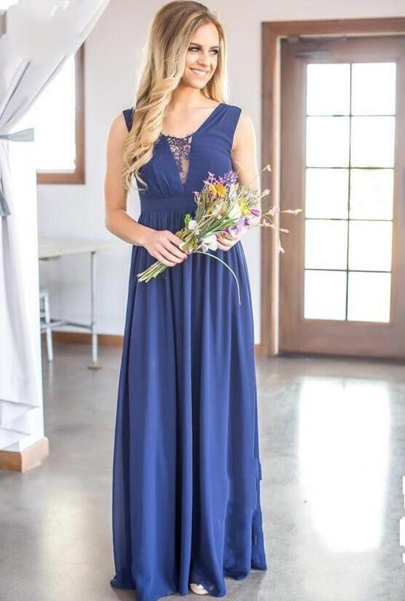 New Dark Navy Cheap Chiffon Bridesmaid A Line Floor Length Pleats V Back Maid Of Honor Dresses Custom Made 112 0510