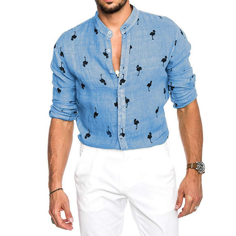 Hawaiian Beach Flamingo Print Shirt 2019 New Button Long Sleeve Chemise Hombre Slim Casual Autumn Linen Shirt Blusa Masculina11