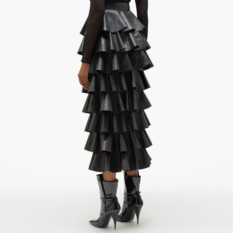 Tiered Leather Skirt High Waist Autumn Winter High Quality Faux Leather Long Maxi Skirt Women Street