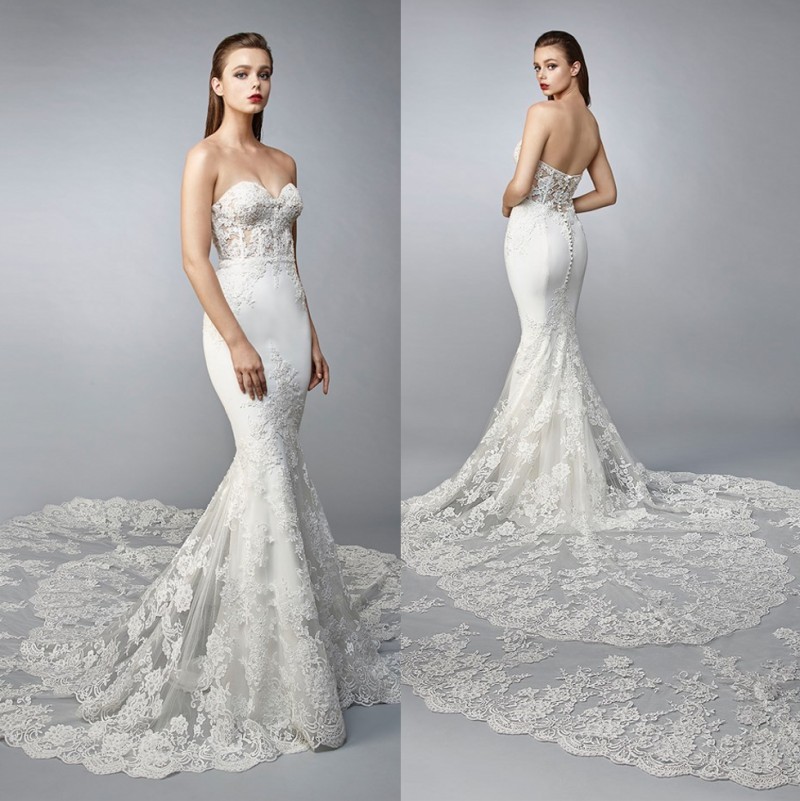 Lace Modest Mermaid Wedding Dresses Strapless Neck Appliqued Court Train Bridal Gowns Trumpet Tulle Plus Size Robe De Marie