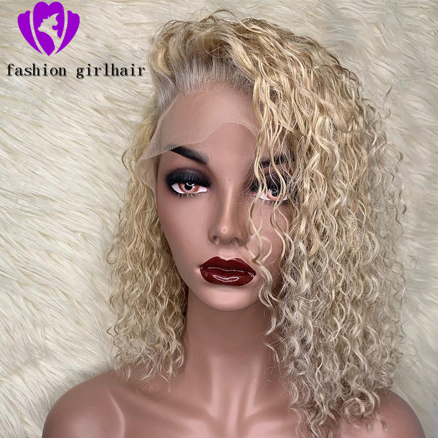 Free shipping 150% Blonde Curly 13*4 Side Parting Front Wig 613 Transparent Lace Colorful Short Bob synthetic Wigs heat resistant for white women