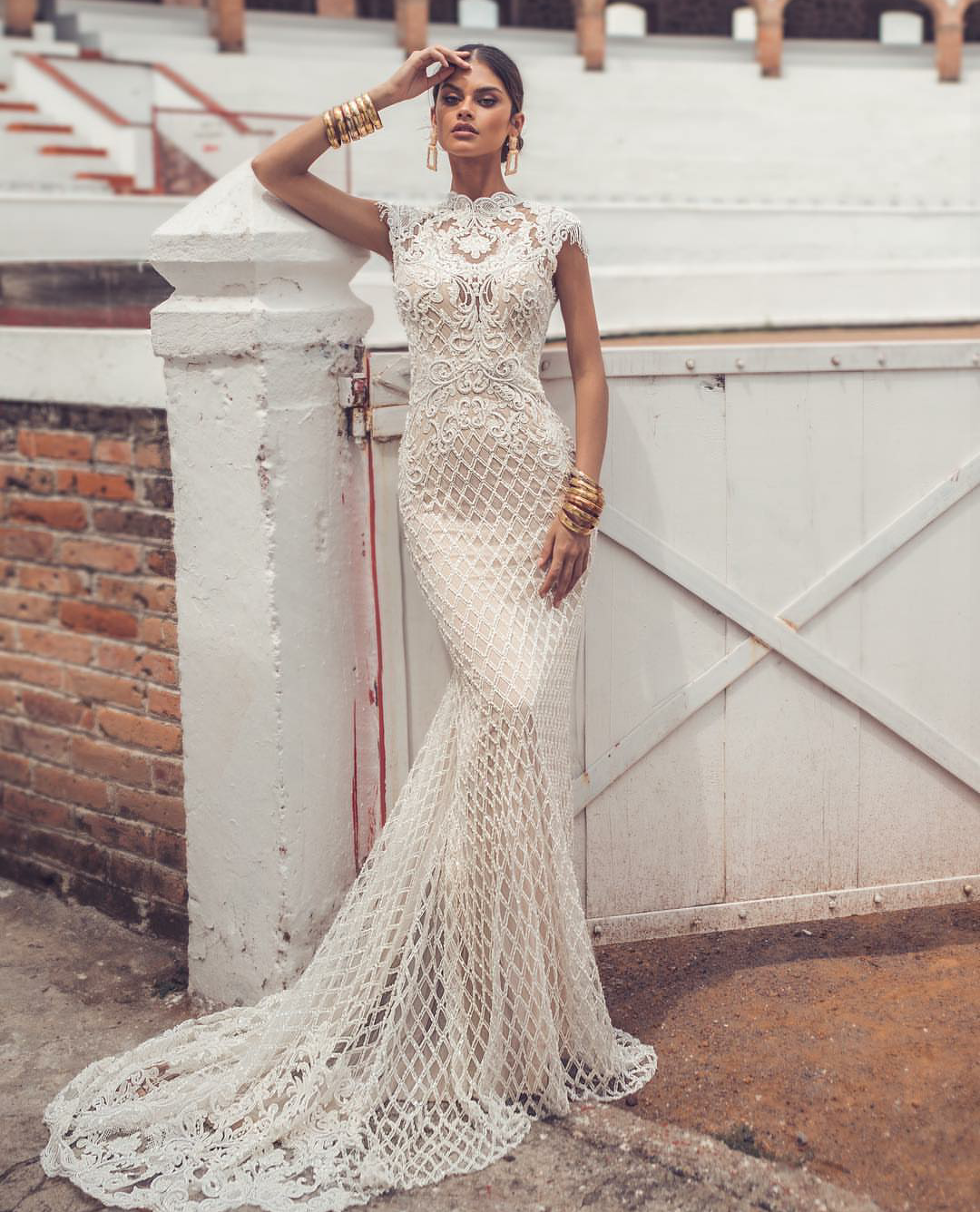 Julie Vino 2019 Vintage Wedding Dresses Cap Sleeve Lace Applique High Collar Mermaid Wedding Dress Beach Bridal Gowns Custom Made