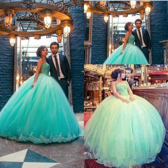 Top Quality 2019 Prom Dresses Vestidos De Fiesta Strapless Neckline Beaded Lace Bodice Puffy Skirt Green Tulle Quinceanera Ball Gowns