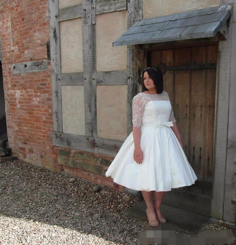 2020 Plus Size Dresses Lace 1/2 Long Sleeves Scoop Neck Knee Length A E Satin Wedding Bridal Gown Custom Made Vestido De Novia 401 6660312