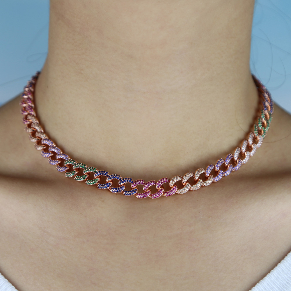 Iced Out Women Choker Necklace Rose Gold Metal Cuban Link Full With rainbow colorful Cubic Zirconia Stones Chain Jewelry