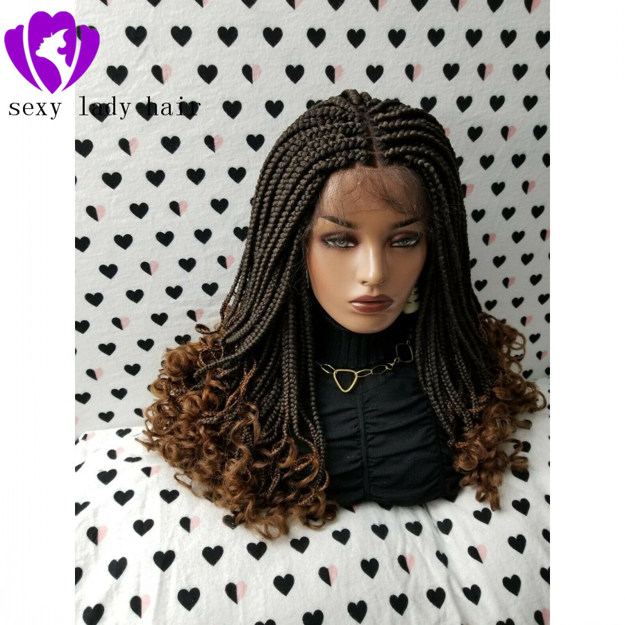 Fashion black women braid style 1/30 ombre brown Braided Wig middle part Box Braids Swiss Lace Front Wig With Curly Ends