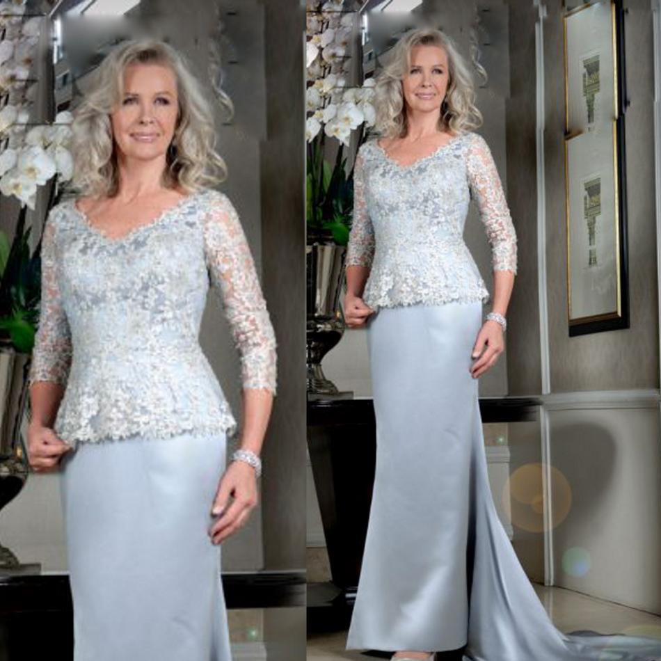 Royal Sheath Mother of The Bride Dresses Two Pieces Satin Tulle Applique Plus Size Wedding Guest Dress Long Sleeve Sweep Train Evening Gowns