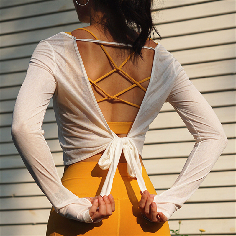 Oyoo Open Back Long Sleeve Workout Shirts White Backless Gym Top For Women knotted Athletic Yoga Tops With Thumb Holes T200401