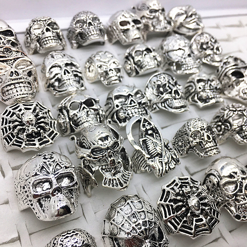 30pcs skull rings men punk rock silver metal women bikers skeleton rings vintage jewelry gifts patry whole lots bulk brand new