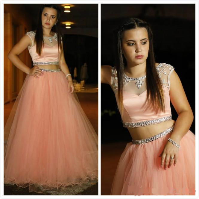 Blush Pink Cheap Beaded Crystals Quinceanera Prom Dresses Sheer Neck Two Pieces Evening Party Sweet 16 Dress