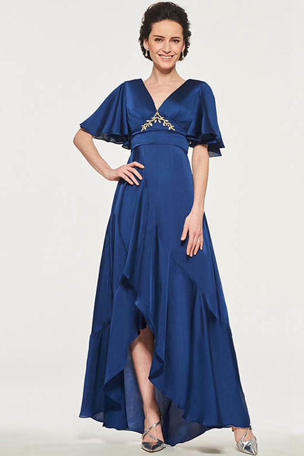 Plus Size Angrila A Line Mother of The Bride Dresses V Neck Wedding Guest Dress Chiffon Short Sleeve High Low Ankle Length Evening Gowns
