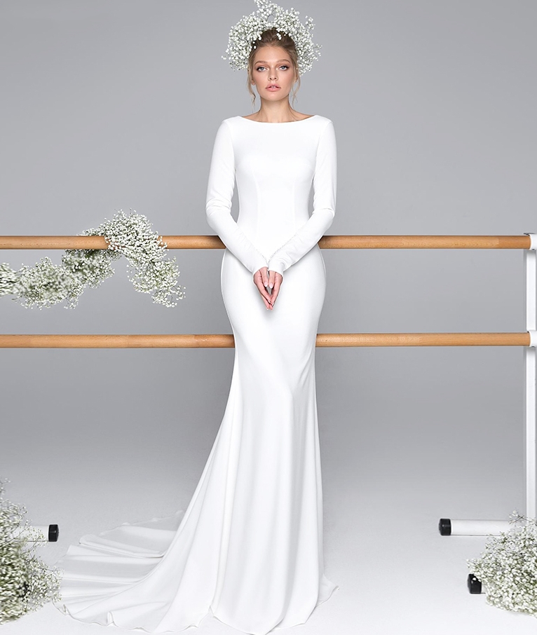 Scoop Satin Sexy Backless Mermaid Wedding Dress 2020 New Vintage Long Sleeve Simple Wedding Gowns Vestido De Novia