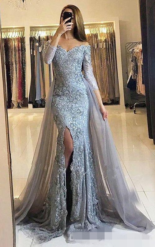 Elegant Off The Shoulder Prom Dresses Long Sleeves Lace Applique Overskirt Train Tulle Side Slit Mermaid Evening Party Gowns Plus Size 401