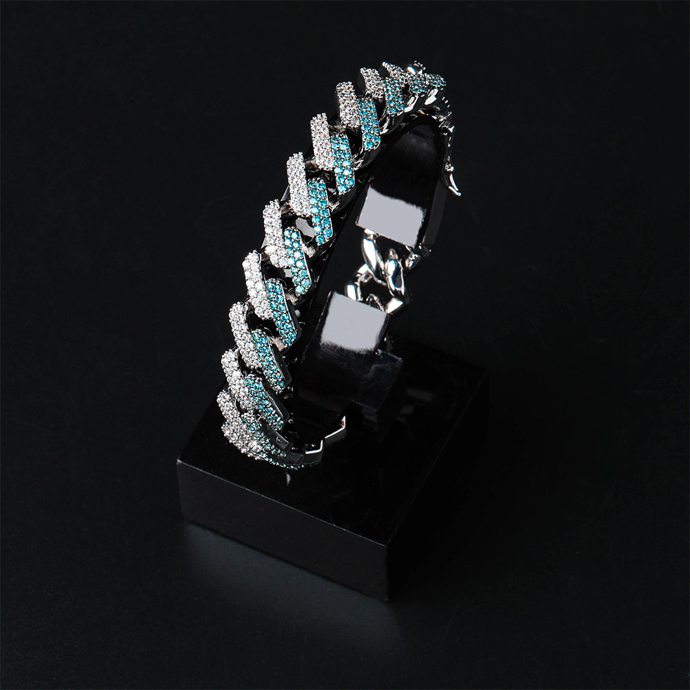 Mint Green Cuba Chain Bracelet Men's Hip Hop Full Diamond Stone Platinum Plated Geometric Shape Bangle
