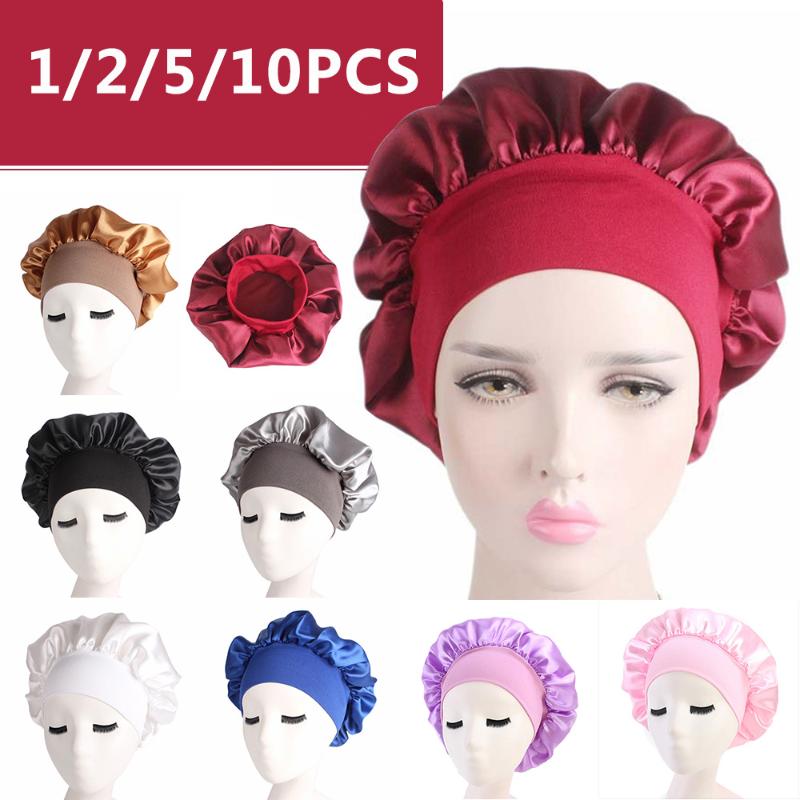 1 2 5 10PCS 58cm Solid Color Long Hair Care Women Satin Bonnet Cap Night Sleep Hat Silk Head Wrap Adjust Shower Caps