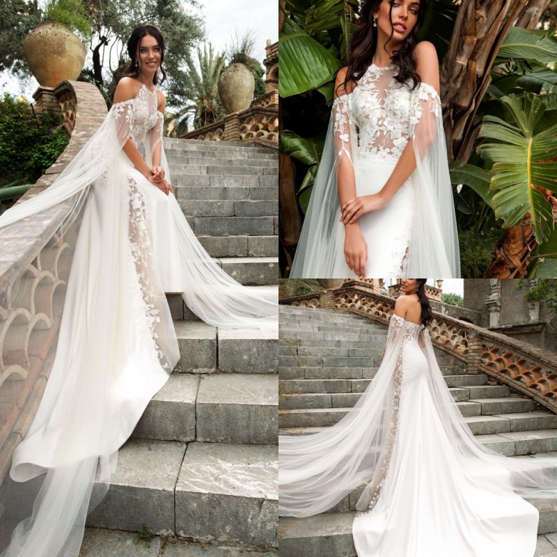 Innocentia Mermaid Wedding Dresses Halter Off Shoulder Lace Bridal Gowns Long Train Plus Size Appliqued Backless Country Wedding Dress Cheap