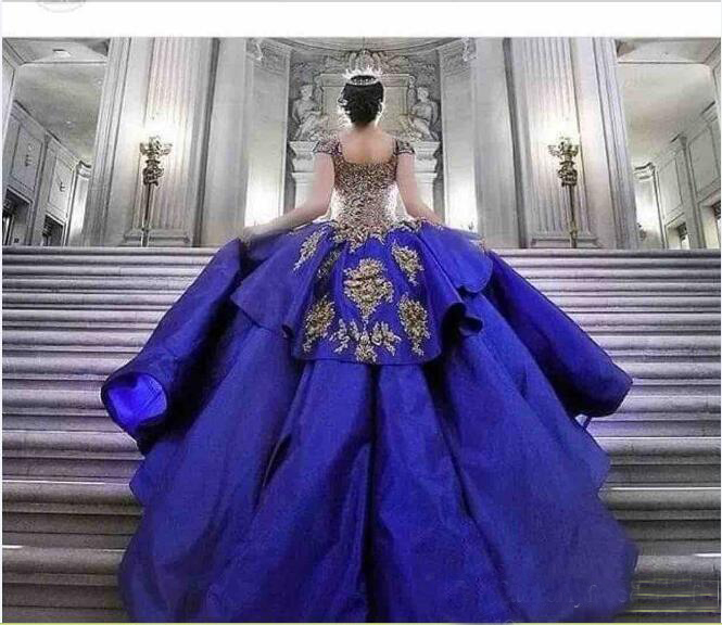 Gold Embroidery Royal Blue Quinceanera Dresses Ball Sweet 16 Dress Off Shoulder Masquerade Pageant Prom Gown 0521