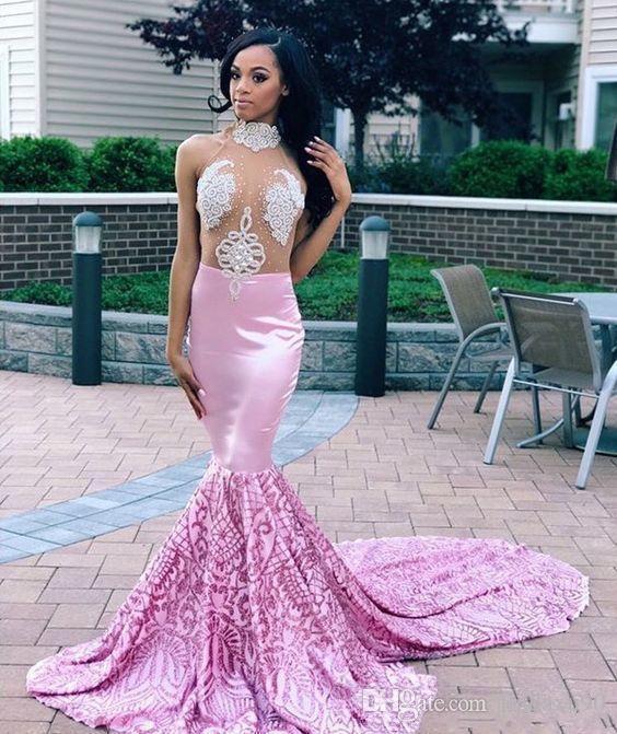 African Light Purple Prom Dresses Long 2019 High Neck Long Sleeves Sequins Beads Evening Gowns Sweep Train Plus Size Mermaid Party Dress