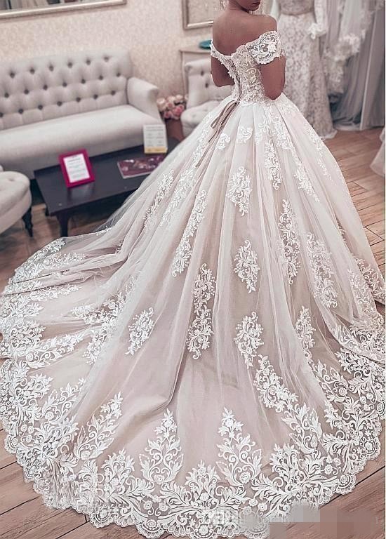 Gown Dresses Ball Off The Shoulder Short Sleeves Lace Applique Corset Back Chapel Train Maternity Wedding Gowns Plus Size S