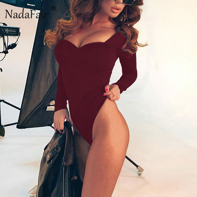 Nadafair Winter Black Sexy Bodysuit Long Sleeve Bodycon Bodysuit Women White Body Suit Body Female For Woman
