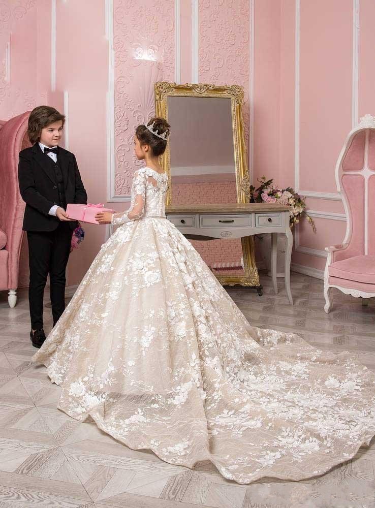 New Arrival Flower Girls Jewel Neck Long Sleeves Lace Appliques Beaded Button Back For Children Kids Birthday Party Dresses
