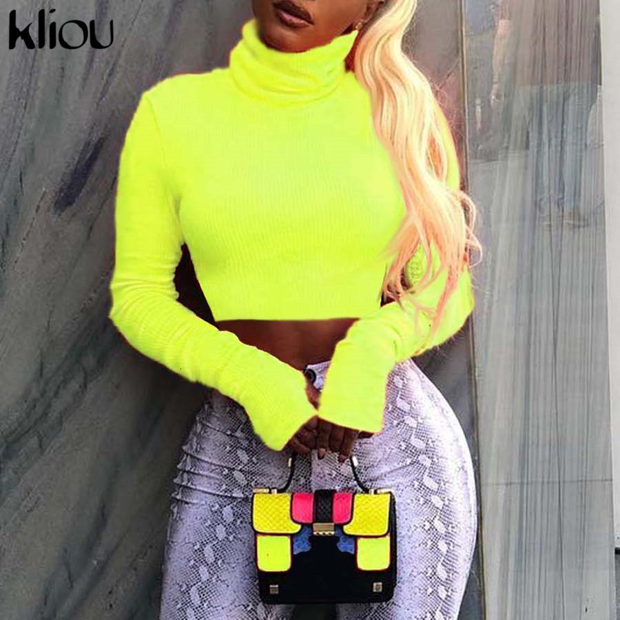 Kliou 2018 Autumn Winter Women Turtleneck Sweatshirts Full Sleeve Fluorescence Solid Color Female Short Pullovers Hoodies Tops C19041102