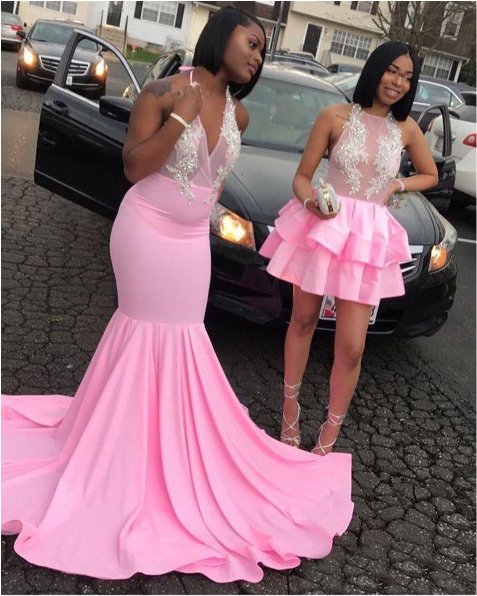 Pink Prom Dresses New Mermaid Beading Lace Open Back Formal Evening Dress Short Piece Illusion Party Gowns Custom Made