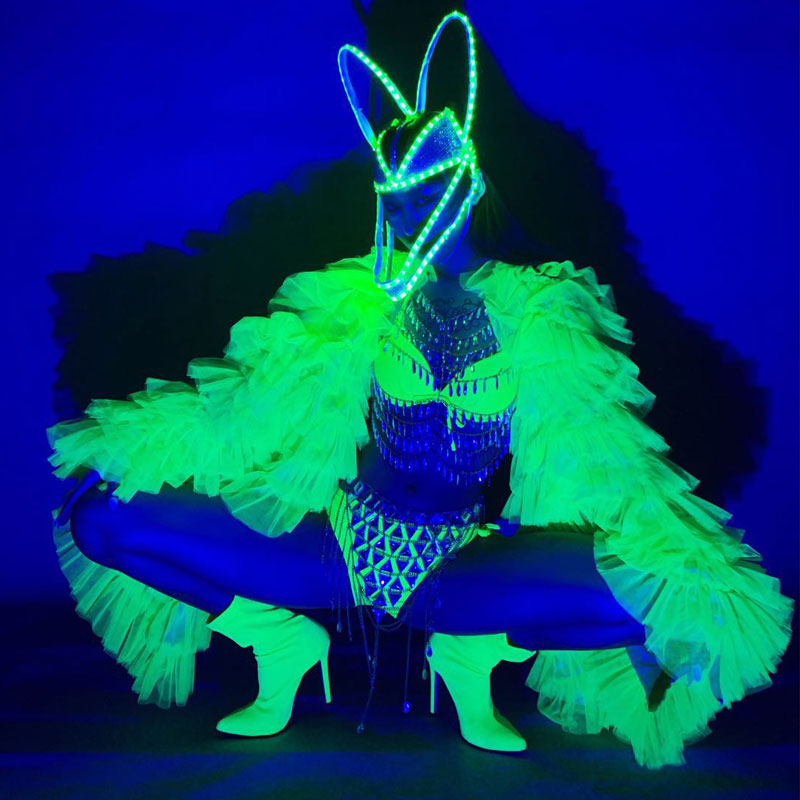 Sexy Fluorescent green Bikini Women Costume Jacket Nightclub Bar Stage Model Catwalk DJ Performance Dance Wear, Only mask
Sexy Fluorescent green Bikini Women Costume Jacket Nightclub Bar Stage Model Catwalk DJ Performance Dance Wear, Only mask