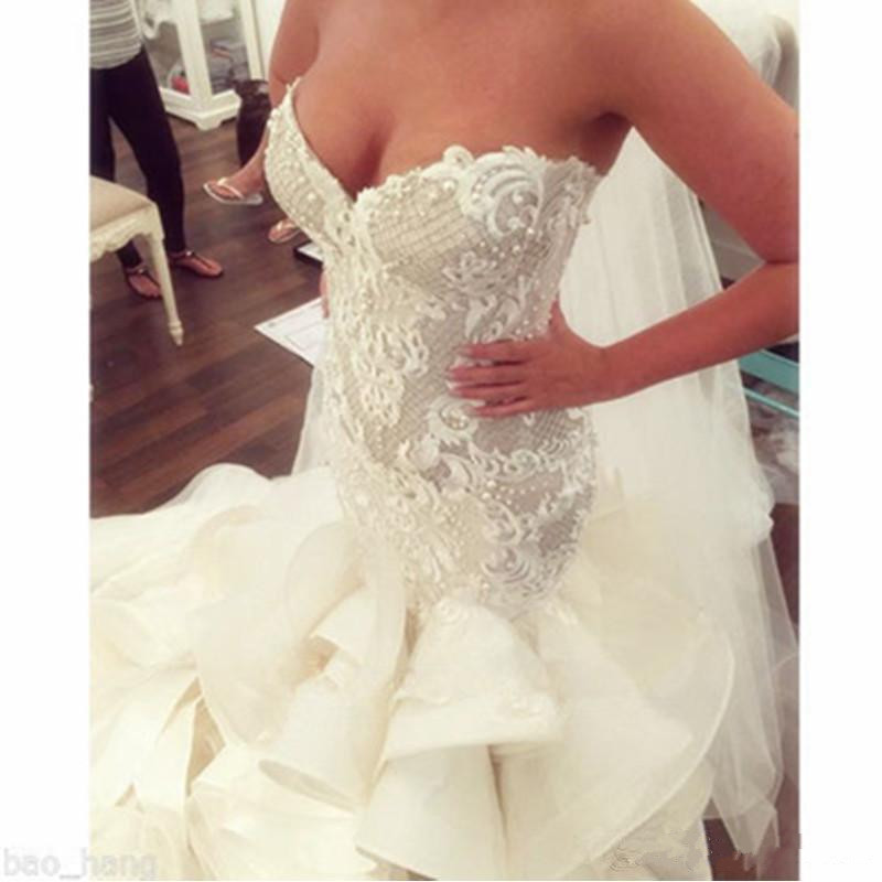 luxury design ruffles wave organza wedding dresses sweetheart lace long train gorgeous bridal gowns plus marriage dress robe de mariee