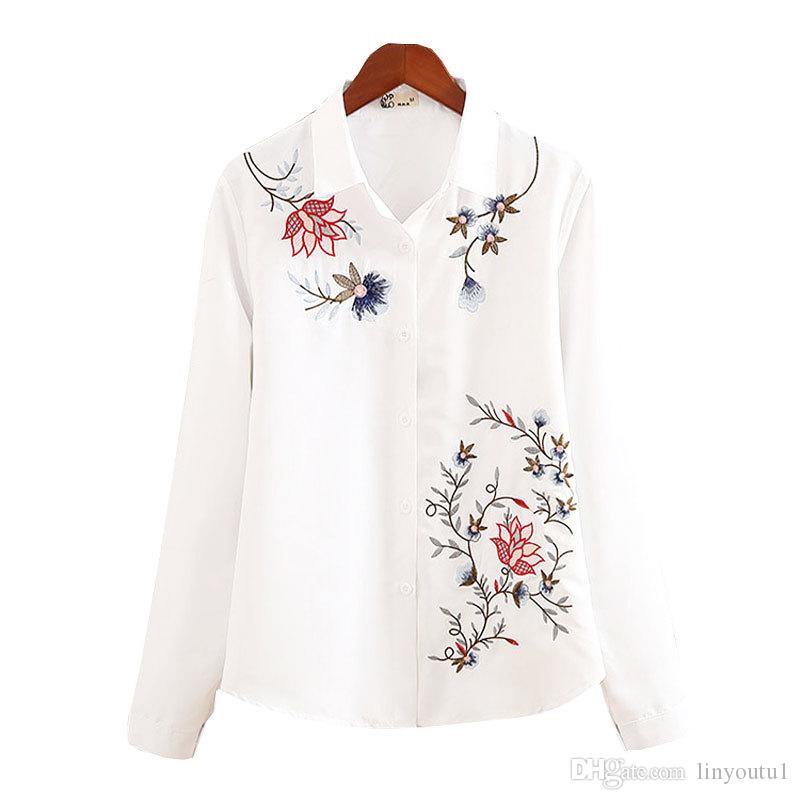 2020 Long Sleeve Floral Women Embroidered Blouse White Elegant Turn-down Collar Office Women Casual Blouse 2019 Spring New Top