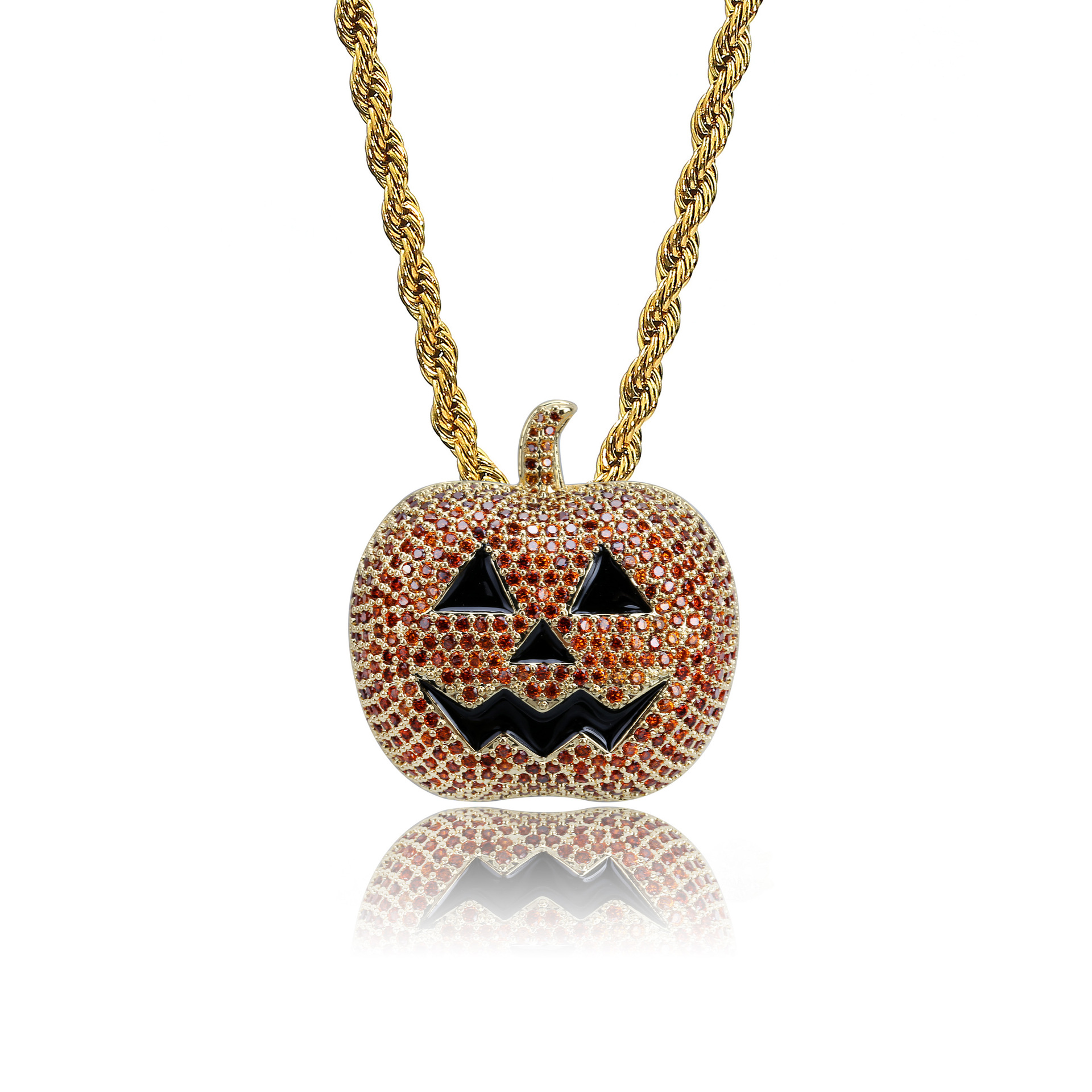 New Fashion Jack O Lantern Pendant Necklace 18K Gold Plated Halloween Twist Chain Iced Out CZ Cubic Zirconia Hip Hop Cosplay Party Jewelry Gifts for M
