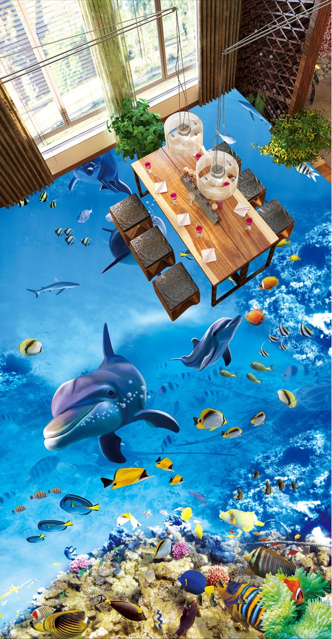 

3d pvc flooring custom photo Self-adhesive wall paper floor Blue ocean world dolphin home decor 3d wall murals wallpaper for living room, Customize