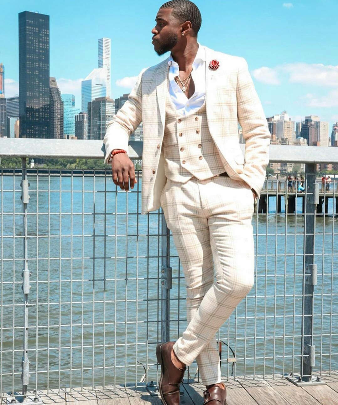 creamy mens suits three piece plaid tweed suit herringbone notched lapel custom made groom tuxedos wedding prom dress jacket pants vest